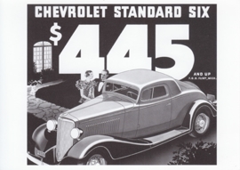 Standard Six Coupe, 1933 model, A6 size postcard, 100 years of Chevrolet by GM Europe, 2011