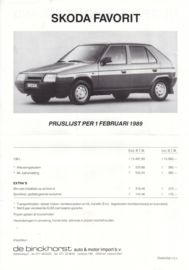 Favorit pricelist, 2 pages, Dutch language, 02/1989