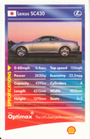 Lexus SC430 collector card, small size,  Shell Optimax issue, 2002, UK