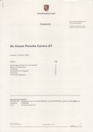 Porsche Carrera GT, 18 Press sheets, 10/2003, comes with color photo, importer-issued,  Dutch text