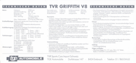 Griffith V8 specs. & prices, 2 pages, German language, 1992, Switzerland *