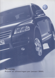 Touareg prices & specs. brochure, A4-size, 16 pages, Dutch language, 01/2003