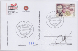 Targa Florio # 105 2022, folder with 2 stamped postcards and a first day cover envelope, complete set