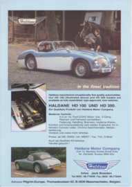 Haldane HD 100/300 Austin Healey replica leaflet, 1 page, DIN A4-size, English/German language, about 1996