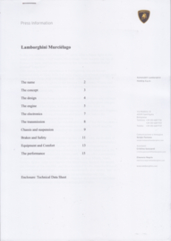Lamborghini Murcielago press kit with sheets & photos, Italy, 9/2001