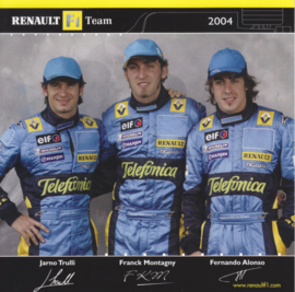 Formula 1 team drivers Trulli, Montagny & Alonso, square postcard, 2004
