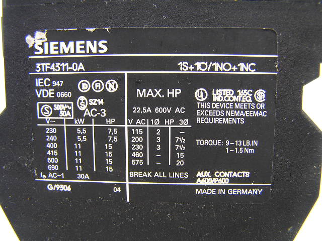 Siemens 3TF4211-0A 230/220V 50Hz