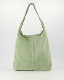 Suede leren ruime hand- schoudertas met rits,  saliegroen - Loreen