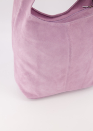 Suede leren ruime hand- schoudertas met rits,  lila - Loreen