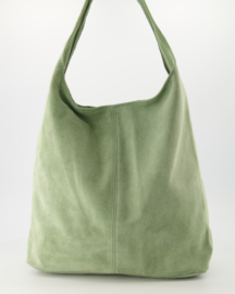 Suede leren ruime hand- schoudertas met rits,  saliegroen - Loreen