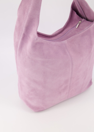 Suede leren ruime hand- schoudertas met rits,  lila - Loreen