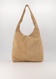 Suede leren ruime hand- schoudertas met rits, zand - Loreen