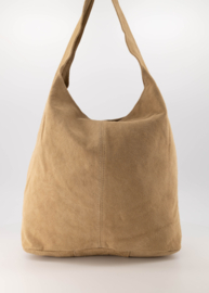 Suede leren ruime hand- schoudertas met rits, zand - Loreen