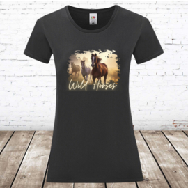 Dames T-shirt Wild horses zwart