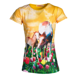 Meisjes t shirt met paarden okergeel