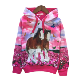 Fel roze meisjes trui met bruin paard H22