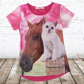Shirt met paard en poes roze