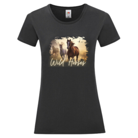 Dames T-shirt Wild horses zwart