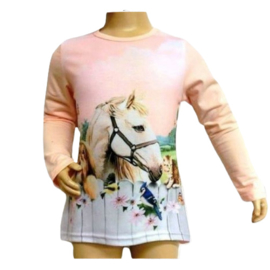 Meisjes shirt paard met vogels en poes zalm