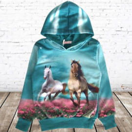 Blauwe hoodie met paarden f46