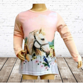 Meisjes shirt paard met vogels en poes zalm
