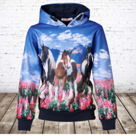 Paarden hoodie kind blauw f44