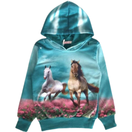 Blauwe hoodie met paarden f46