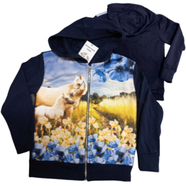 Blauw kindervest met paarden en bloemen
