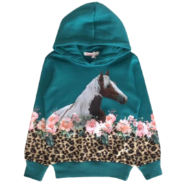 Blauwe hoodie met paarden f47