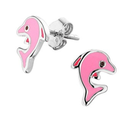 Zilveren oorstekers roze dolfijn