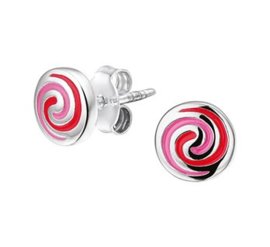 Zilveren oorstekers rond spiraal roze/rood