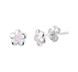 Zilveren oorstekers bloem roze zirkonia