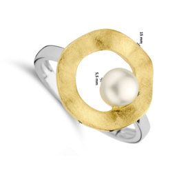 Vergulde ring gescratcht rondje met parel