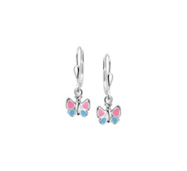 Zilveren oorhangers vlinder blauw/roze