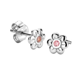 Zilveren oorstekers bloem roze zirkonia