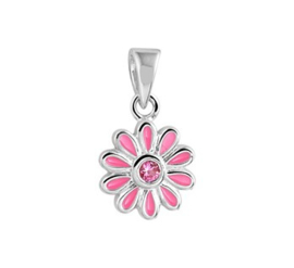 Zilveren kinder kettinghanger roze bloem zirkonia