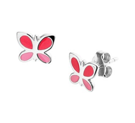 Zilveren oorstekers vlinder rood/roze