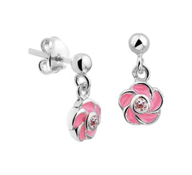 Zilveren oorhangers roze bloem zirkonia