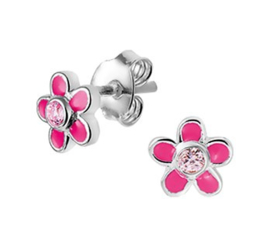 Zilveren oorstekers roze bloem zirkonia