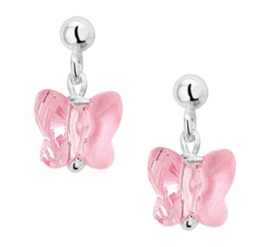 Zilveren oorhangers roze strass vlinder