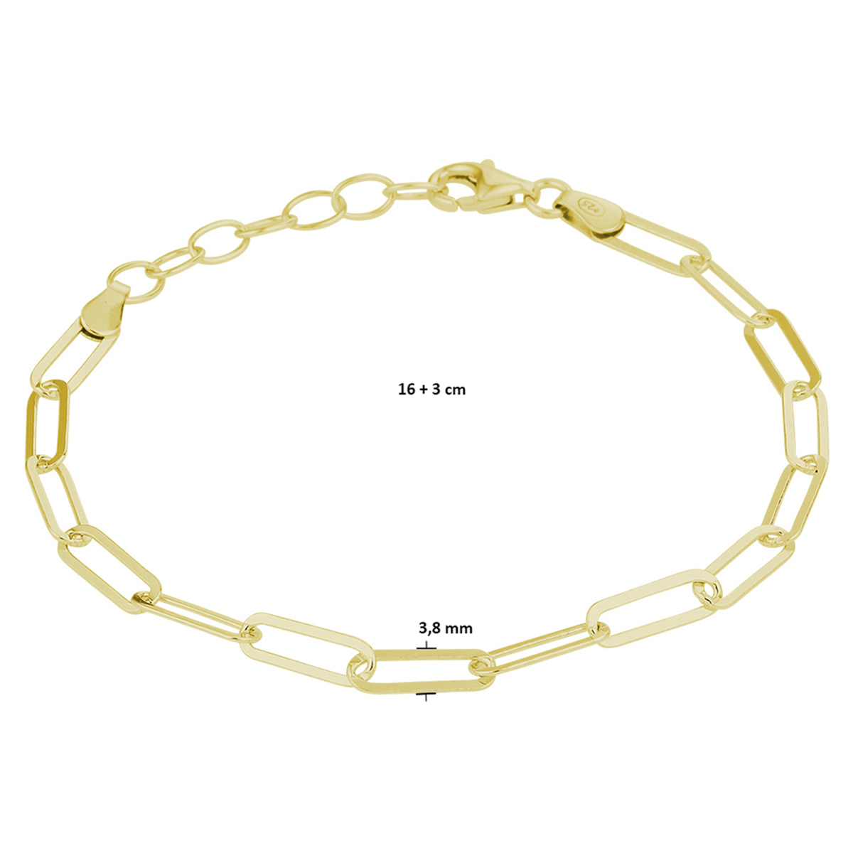 collier paperclip 3,8 mm 41 + 4 cm 3 micron - armband paperclip 3,8 mm 16 + 3 cm 3 micron