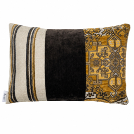Patchwork sierkussen 35 x 55 cm geel, grijs, zwart en beige