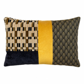 Patchwork sierkussen 35 x 55 cm geel, grijs, zwart en beige