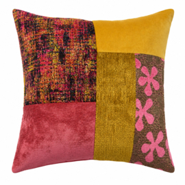 Patchwork sierkussen 45 x 45 cm geel en roze