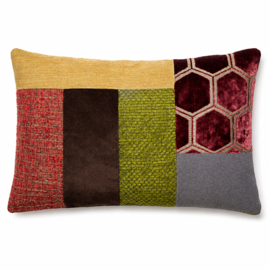 Patchwork sierkussen 35 x 55 cm aubergine, groen, grijs en creme