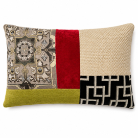 Patchwork sierkussen 35 x 55 cm aubergine, groen, grijs en creme