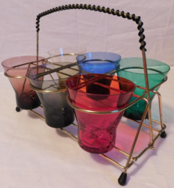 Set gekleurde Retro glazen + houder