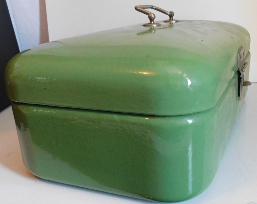 Brocante groene emaille broodtrommel