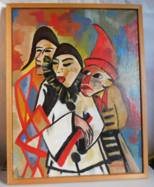 Abstracte, expressionistische stijl Clowns, gesigneerd E. Maessen.
