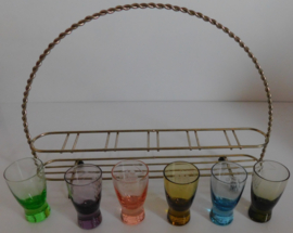 Set  gekleurde retro glazen + houder